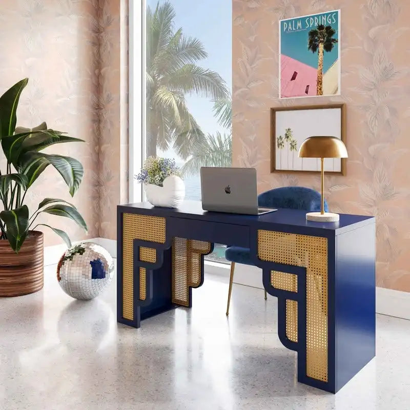 Bureau 1 tiroir en bois et rotin tressé avec bords arrondis et tiroir à fermeture douce – 1 personne – Crème / Rose corail / Bleu marine / Bleu pastel