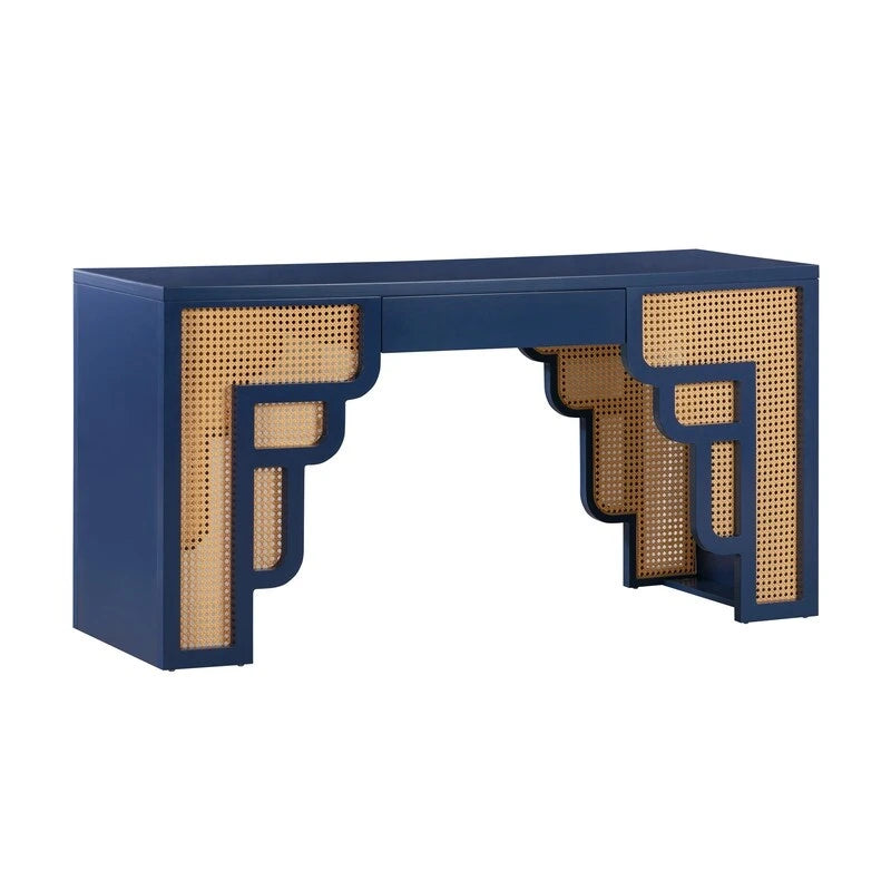 Bureau 1 tiroir en bois et rotin tressé avec bords arrondis et tiroir à fermeture douce – 1 personne – Crème / Rose corail / Bleu marine / Bleu pastel