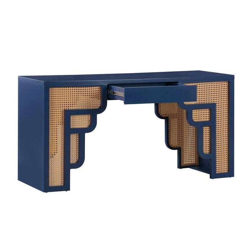 Bureau 1 tiroir en bois et rotin tressé avec bords arrondis et tiroir à fermeture douce – 1 personne – Crème / Rose corail / Bleu marine / Bleu pastel
