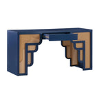 Bureau 1 tiroir en bois et rotin tressé avec bords arrondis et tiroir à fermeture douce – 1 personne – Crème / Rose corail / Bleu marine / Bleu pastel