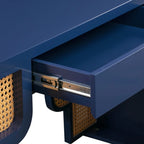 Bureau 1 tiroir en bois et rotin tressé avec bords arrondis et tiroir à fermeture douce – 1 personne – Crème / Rose corail / Bleu marine / Bleu pastel