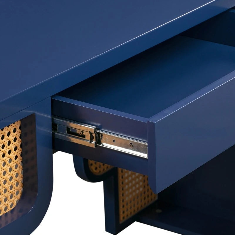 Bureau 1 tiroir en bois et rotin tressé avec bords arrondis et tiroir à fermeture douce – 1 personne – Crème / Rose corail / Bleu marine / Bleu pastel