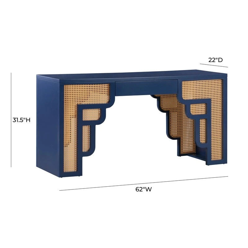 Bureau 1 tiroir en bois et rotin tressé avec bords arrondis et tiroir à fermeture douce – 1 personne – Crème / Rose corail / Bleu marine / Bleu pastel