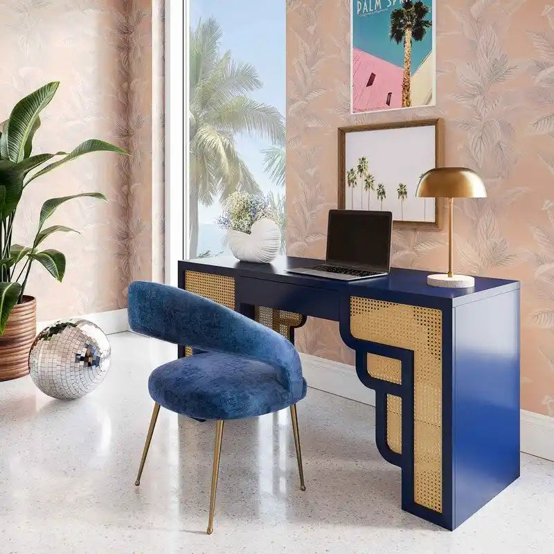 Bureau 1 tiroir en bois et rotin tressé avec bords arrondis et tiroir à fermeture douce – 1 personne – Crème / Rose corail / Bleu marine / Bleu pastel
