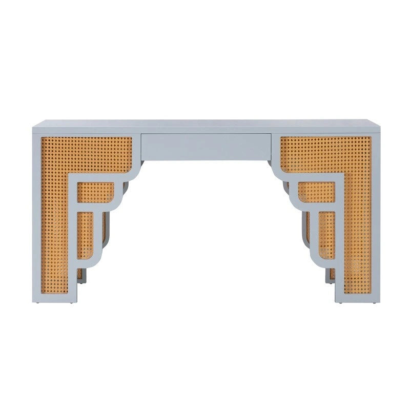 Bureau 1 tiroir en bois et rotin tressé avec bords arrondis et tiroir à fermeture douce – 1 personne – Crème / Rose corail / Bleu marine / Bleu pastel