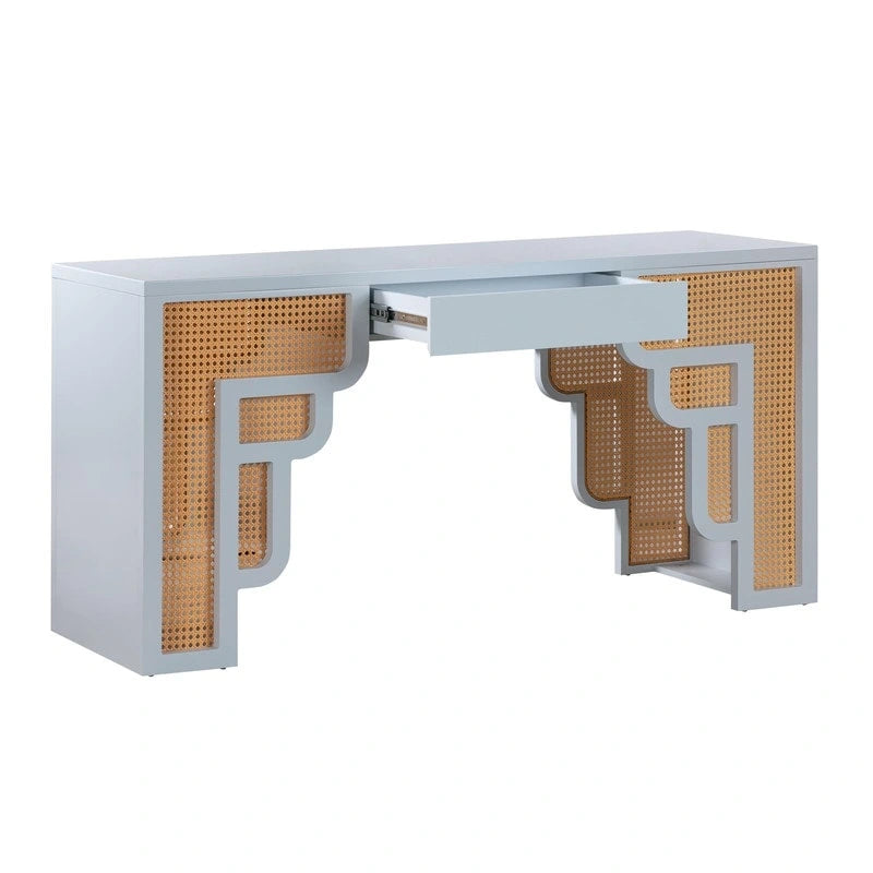 Bureau 1 tiroir en bois et rotin tressé avec bords arrondis et tiroir à fermeture douce – 1 personne – Crème / Rose corail / Bleu marine / Bleu pastel