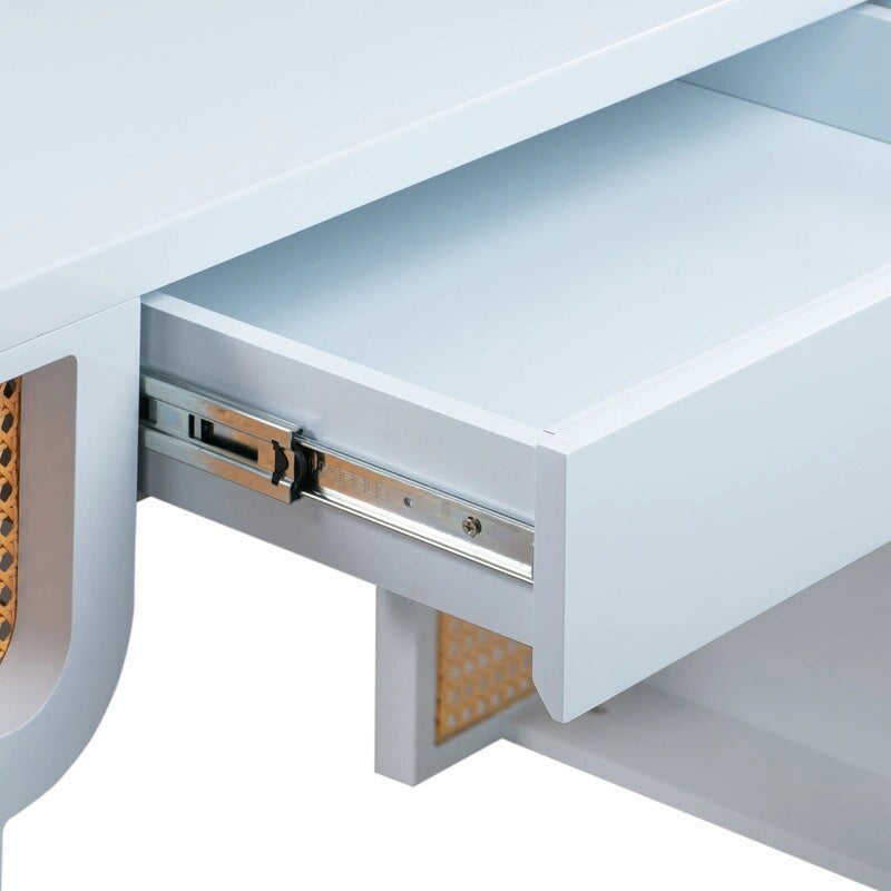 Bureau 1 tiroir en bois et rotin tressé avec bords arrondis et tiroir à fermeture douce – 1 personne – Crème / Rose corail / Bleu marine / Bleu pastel