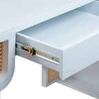 Bureau 1 tiroir en bois et rotin tressé avec bords arrondis et tiroir à fermeture douce – 1 personne – Crème / Rose corail / Bleu marine / Bleu pastel
