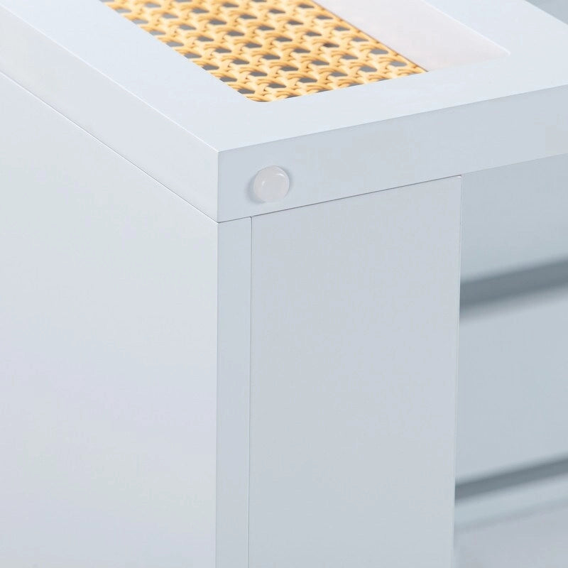 Bureau 1 tiroir en bois et rotin tressé avec bords arrondis et tiroir à fermeture douce – 1 personne – Crème / Rose corail / Bleu marine / Bleu pastel