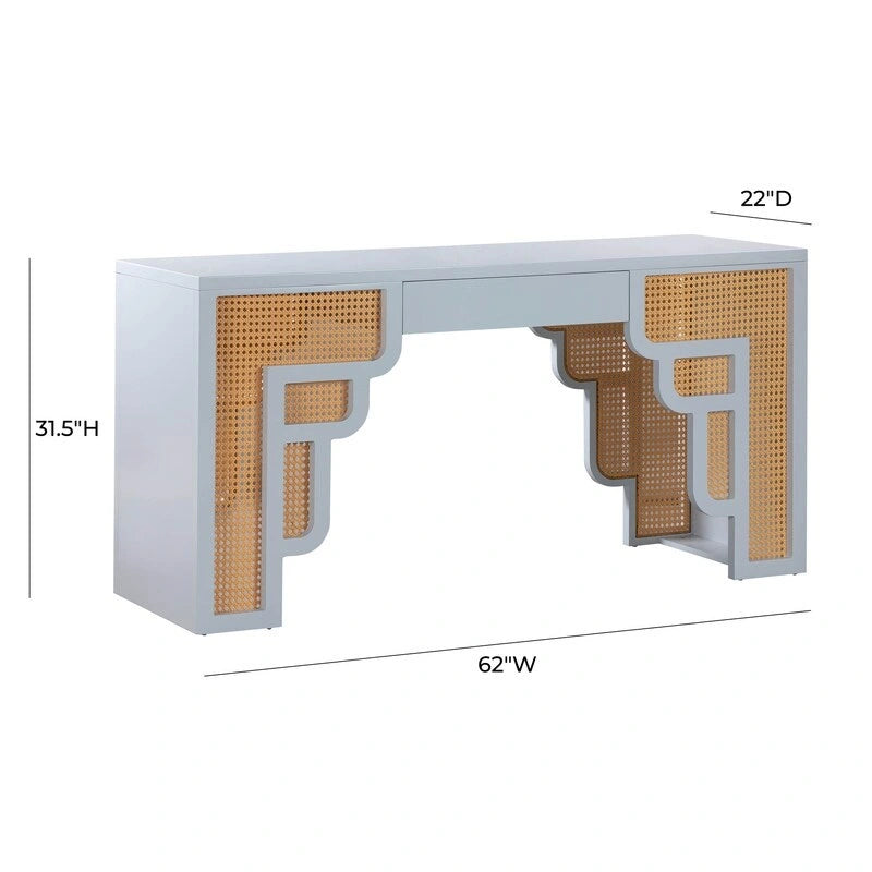 Bureau 1 tiroir en bois et rotin tressé avec bords arrondis et tiroir à fermeture douce – 1 personne – Crème / Rose corail / Bleu marine / Bleu pastel