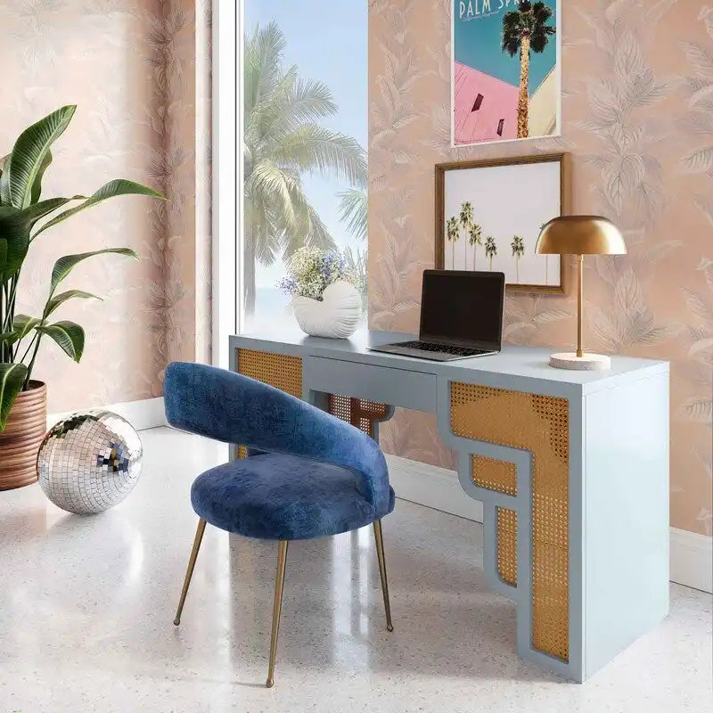Bureau 1 tiroir en bois et rotin tressé avec bords arrondis et tiroir à fermeture douce – 1 personne – Crème / Rose corail / Bleu marine / Bleu pastel
