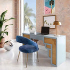 Bureau 1 tiroir en bois et rotin tressé avec bords arrondis et tiroir à fermeture douce – 1 personne – Crème / Rose corail / Bleu marine / Bleu pastel