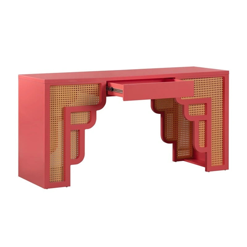 Bureau 1 tiroir en bois et rotin tressé avec bords arrondis et tiroir à fermeture douce – 1 personne – Crème / Rose corail / Bleu marine / Bleu pastel