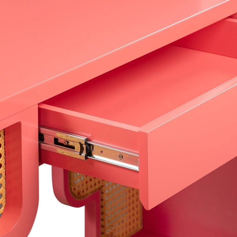 Bureau 1 tiroir en bois et rotin tressé avec bords arrondis et tiroir à fermeture douce – 1 personne – Crème / Rose corail / Bleu marine / Bleu pastel