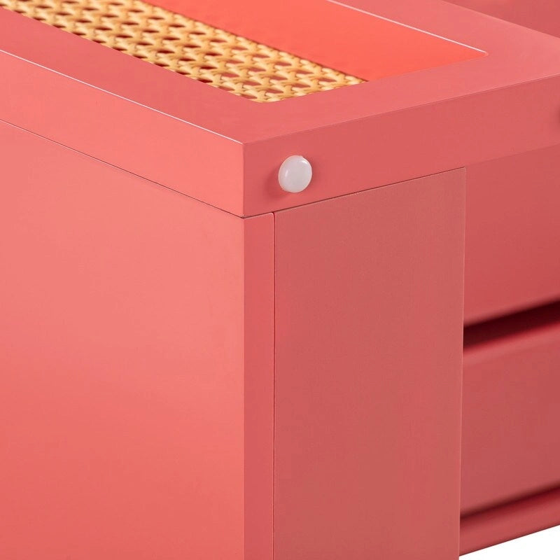 Bureau 1 tiroir en bois et rotin tressé avec bords arrondis et tiroir à fermeture douce – 1 personne – Crème / Rose corail / Bleu marine / Bleu pastel