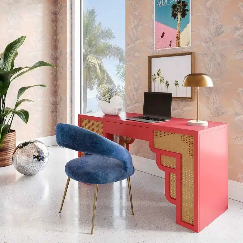 Bureau 1 tiroir en bois et rotin tressé avec bords arrondis et tiroir à fermeture douce – 1 personne – Crème / Rose corail / Bleu marine / Bleu pastel