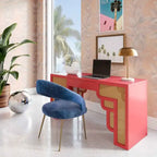 Bureau 1 tiroir en bois et rotin tressé avec bords arrondis et tiroir à fermeture douce – 1 personne – Crème / Rose corail / Bleu marine / Bleu pastel