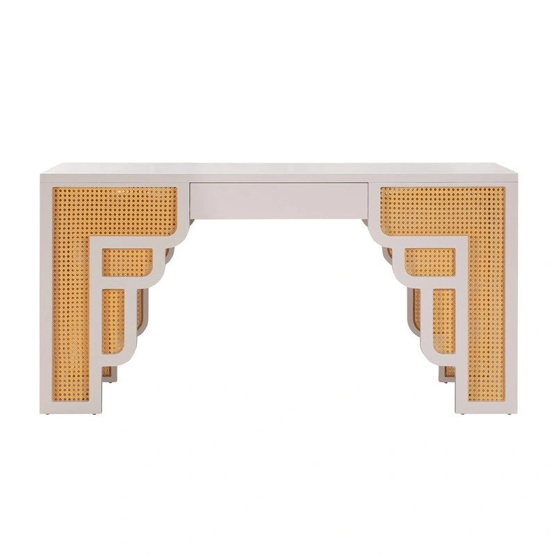 Bureau 1 tiroir en bois et rotin tressé avec bords arrondis et tiroir à fermeture douce – 1 personne – Crème / Rose corail / Bleu marine / Bleu pastel