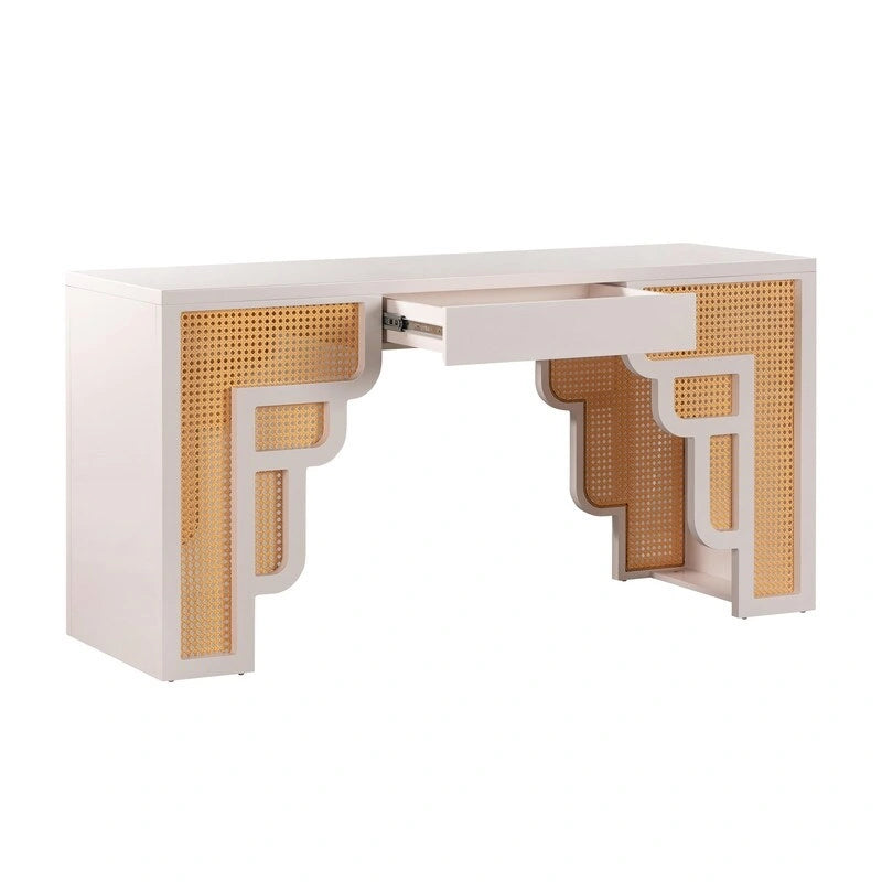 Bureau 1 tiroir en bois et rotin tressé avec bords arrondis et tiroir à fermeture douce – 1 personne – Crème / Rose corail / Bleu marine / Bleu pastel