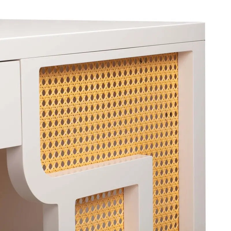 Bureau 1 tiroir en bois et rotin tressé avec bords arrondis et tiroir à fermeture douce – 1 personne – Crème / Rose corail / Bleu marine / Bleu pastel