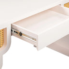 Bureau 1 tiroir en bois et rotin tressé avec bords arrondis et tiroir à fermeture douce – 1 personne – Crème / Rose corail / Bleu marine / Bleu pastel