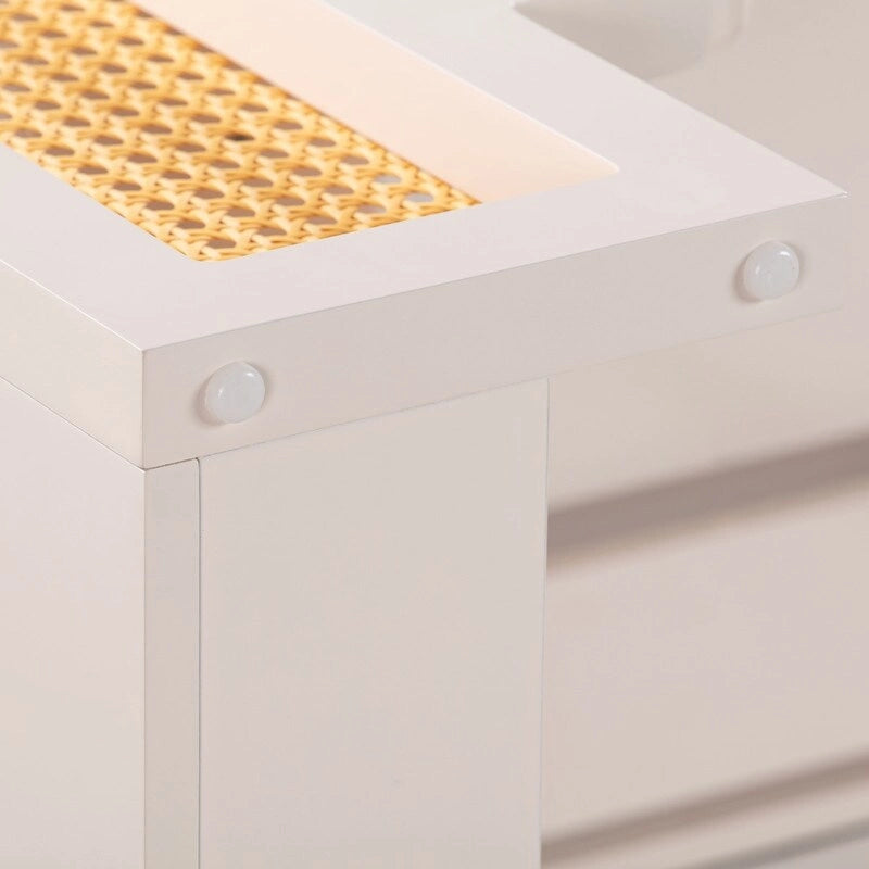 Bureau 1 tiroir en bois et rotin tressé avec bords arrondis et tiroir à fermeture douce – 1 personne – Crème / Rose corail / Bleu marine / Bleu pastel