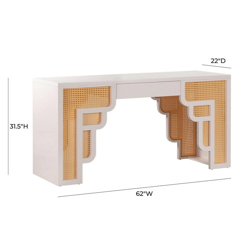 Bureau 1 tiroir en bois et rotin tressé avec bords arrondis et tiroir à fermeture douce – 1 personne – Crème / Rose corail / Bleu marine / Bleu pastel