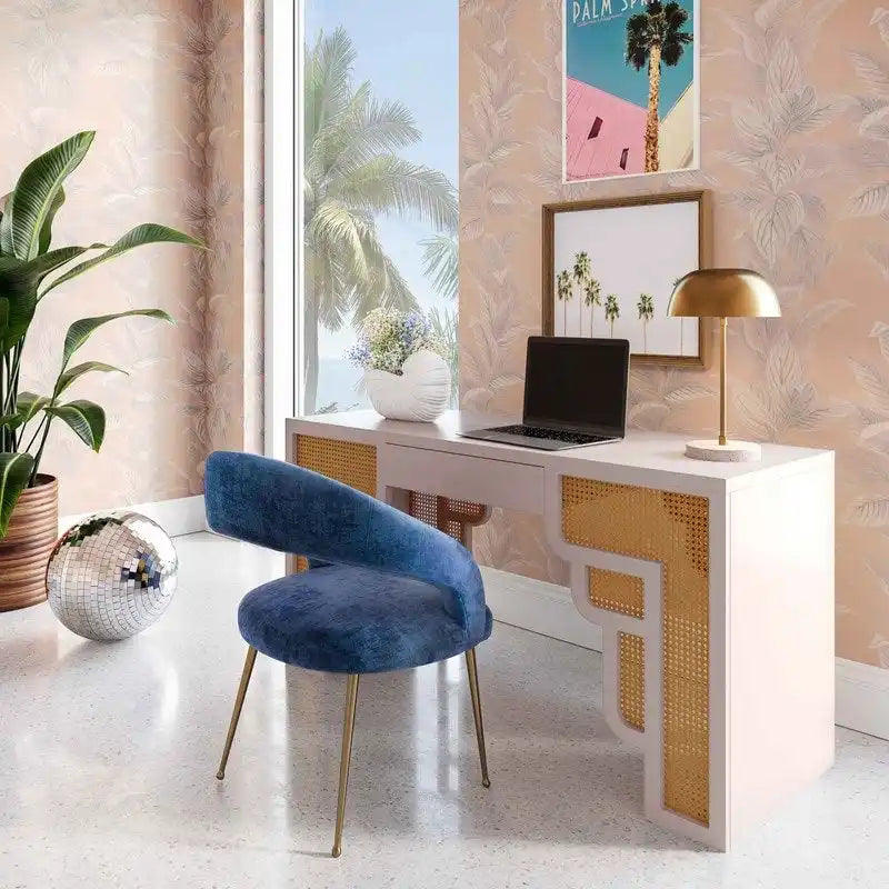 Bureau 1 tiroir en bois et rotin tressé avec bords arrondis et tiroir à fermeture douce – 1 personne – Crème / Rose corail / Bleu marine / Bleu pastel