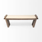 Banc d'appoint rembourré crème/marron de 147 cm avec pieds inclinés en bois de manguier – 2 places