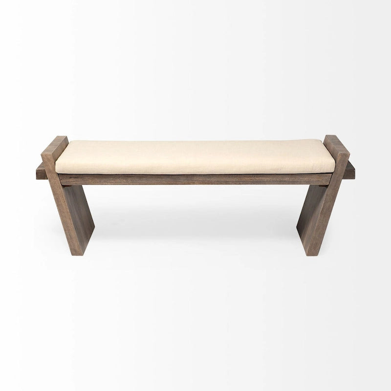 Banc d'appoint rembourré crème/marron de 147 cm avec pieds inclinés en bois de manguier – 2 places