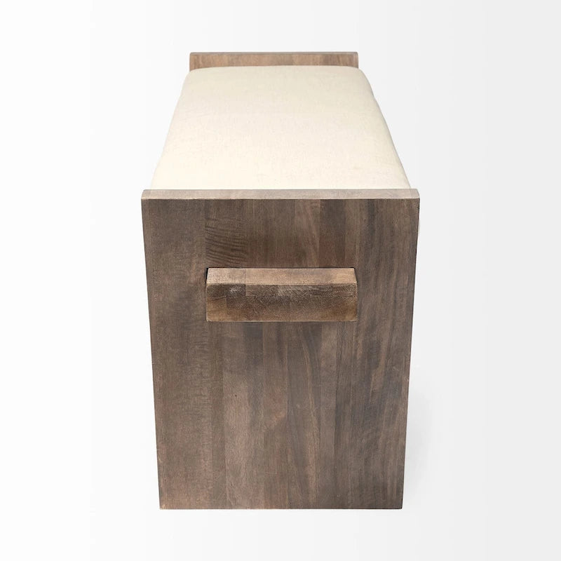 Banc d'appoint rembourré crème/marron de 147 cm avec pieds inclinés en bois de manguier – 2 places