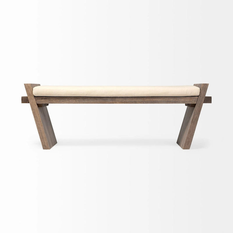 Banc d'appoint rembourré crème/marron de 147 cm avec pieds inclinés en bois de manguier – 2 places