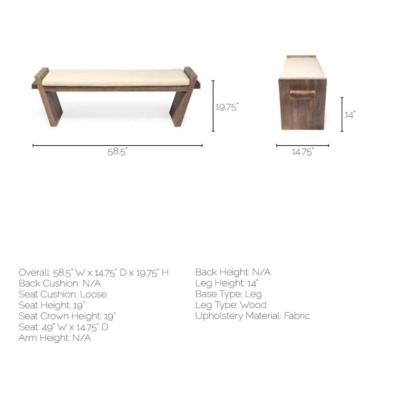 Banc d'appoint rembourré crème/marron de 147 cm avec pieds inclinés en bois de manguier – 2 places