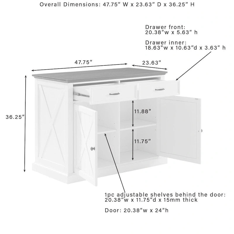 Îlot de cuisine fixe blanc vieilli avec plateau en bois, motif en X rustique, 2 armoires, 2 tiroirs et 2 tabourets de bar noirs en similicuir.