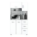 Meuble de cuisine de rangement blanc en bois composite mélaminé avec tiroirs, étagères ouvertes et espace pour micro-ondes