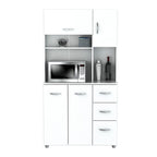 Meuble de cuisine de rangement blanc en bois composite mélaminé avec tiroirs, étagères ouvertes et espace pour micro-ondes