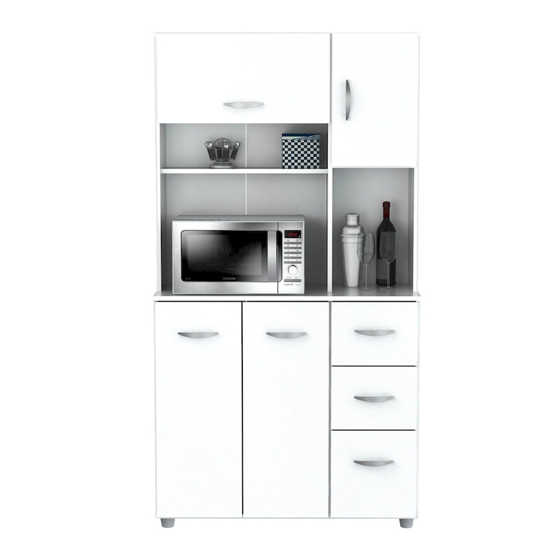 Meuble de cuisine de rangement blanc en bois composite mélaminé avec tiroirs, étagères ouvertes et espace pour micro-ondes