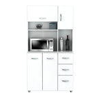 Meuble de cuisine de rangement blanc en bois composite mélaminé avec tiroirs, étagères ouvertes et espace pour micro-ondes