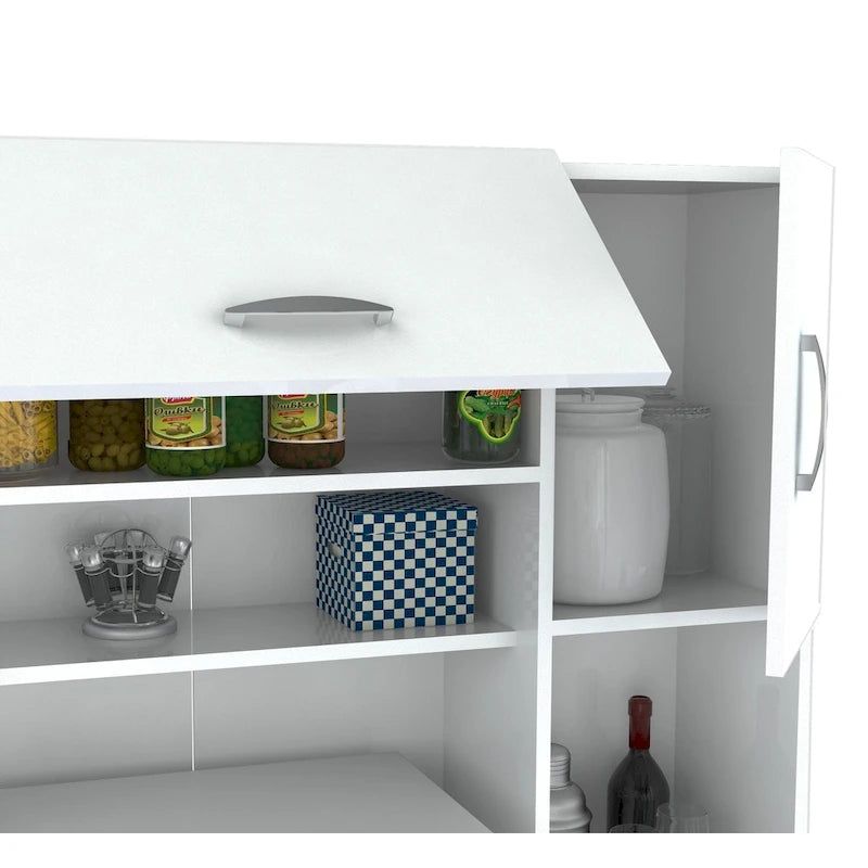 Meuble de cuisine de rangement blanc en bois composite mélaminé avec tiroirs, étagères ouvertes et espace pour micro-ondes