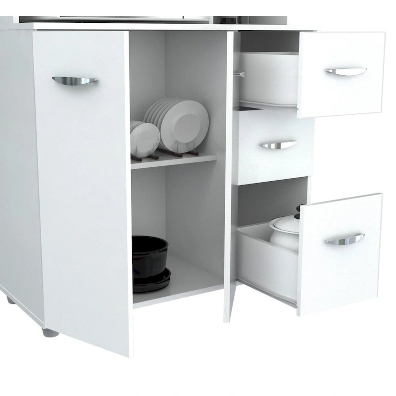 Meuble de cuisine de rangement blanc en bois composite mélaminé avec tiroirs, étagères ouvertes et espace pour micro-ondes