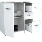 Meuble de cuisine de rangement blanc en bois composite mélaminé avec tiroirs, étagères ouvertes et espace pour micro-ondes