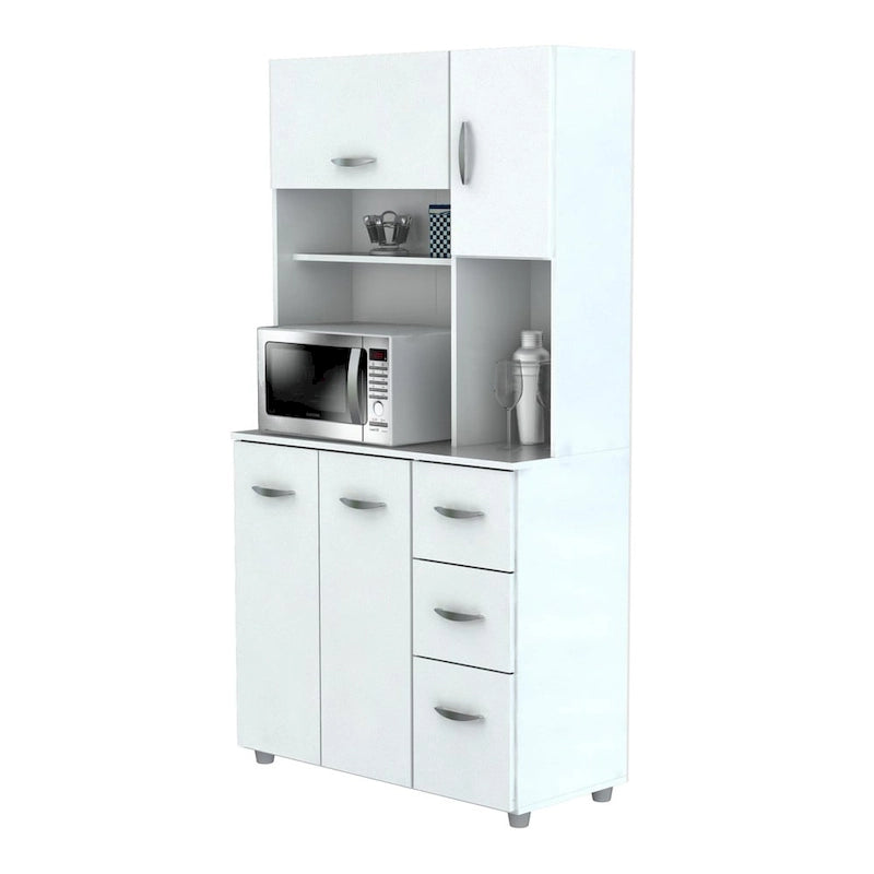 Meuble de cuisine de rangement blanc en bois composite mélaminé avec tiroirs, étagères ouvertes et espace pour micro-ondes