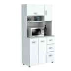 Meuble de cuisine de rangement blanc en bois composite mélaminé avec tiroirs, étagères ouvertes et espace pour micro-ondes