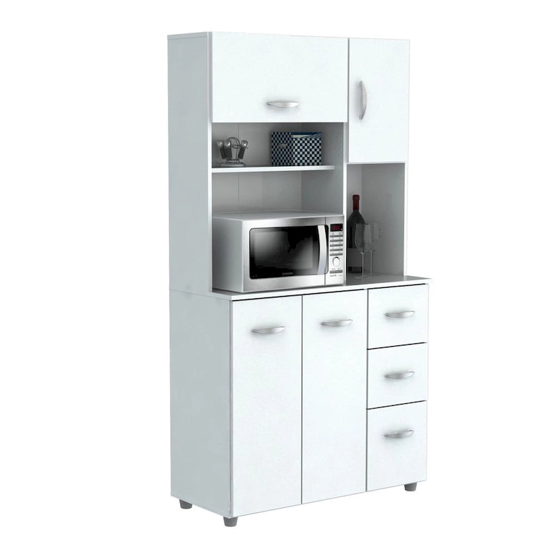 Meuble de cuisine de rangement blanc en bois composite mélaminé avec tiroirs, étagères ouvertes et espace pour micro-ondes