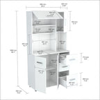 Meuble de cuisine de rangement blanc en bois composite mélaminé avec tiroirs, étagères ouvertes et espace pour micro-ondes