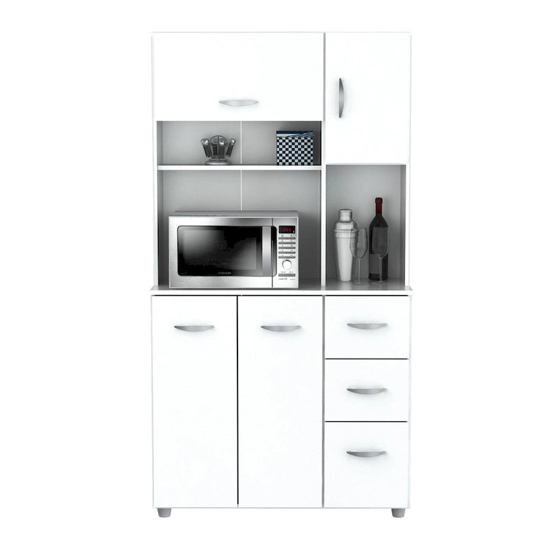 Meuble de cuisine de rangement blanc en bois composite mélaminé avec tiroirs, étagères ouvertes et espace pour micro-ondes