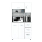 Meuble de cuisine de rangement blanc en bois composite mélaminé avec tiroirs, étagères ouvertes et espace pour micro-ondes