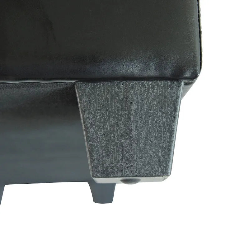 Banc de rangement ottoman capitonné en similicuir noir avec couvercle relevable – 2 places