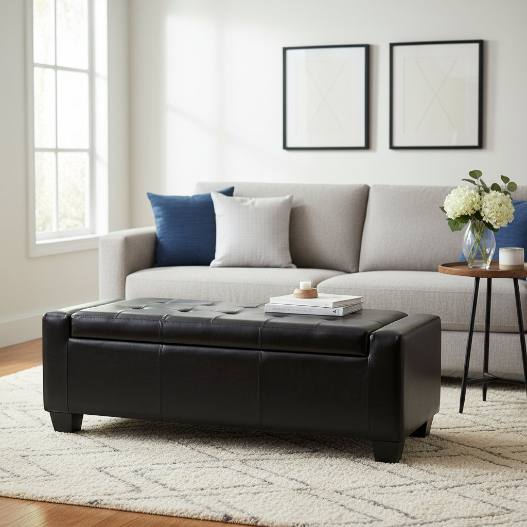 Porch & Den Pickard Black Faux Leather Storage Ottoman Bench