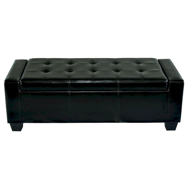 Banc de rangement ottoman capitonné en similicuir noir avec couvercle relevable – 2 places
